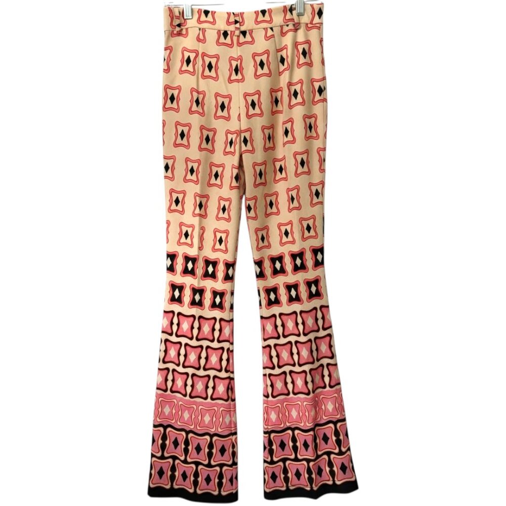 New Zara Pink & Beige Retro Geometric Wide Leg Flared Trousers - Size XS - Picture 1 of 3